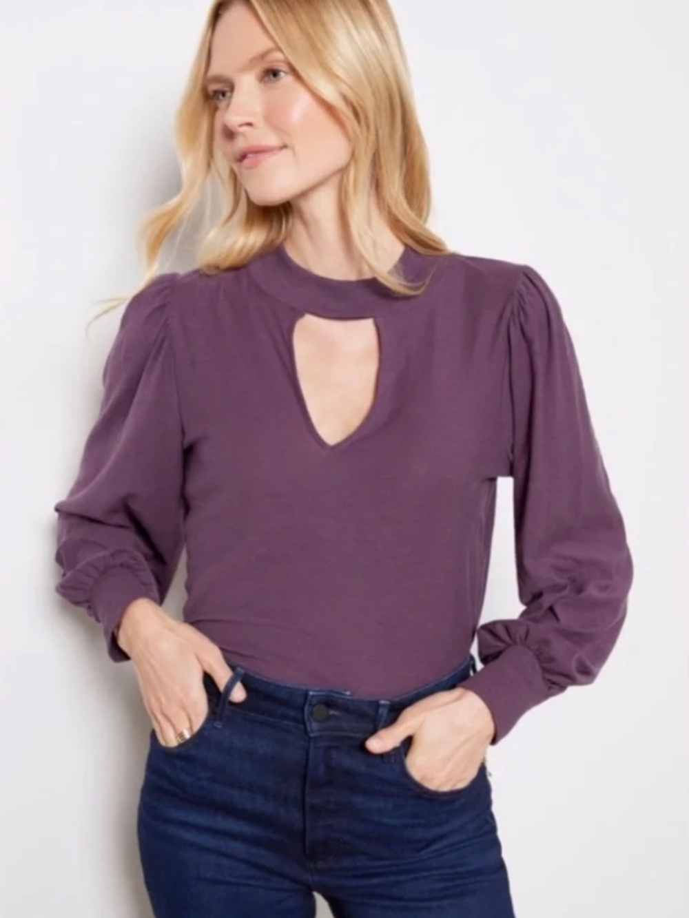 Nation LTD Shelby Cut Out Mock Neck Keyhole Puff Sleeve Purple Pima Cotton Top S